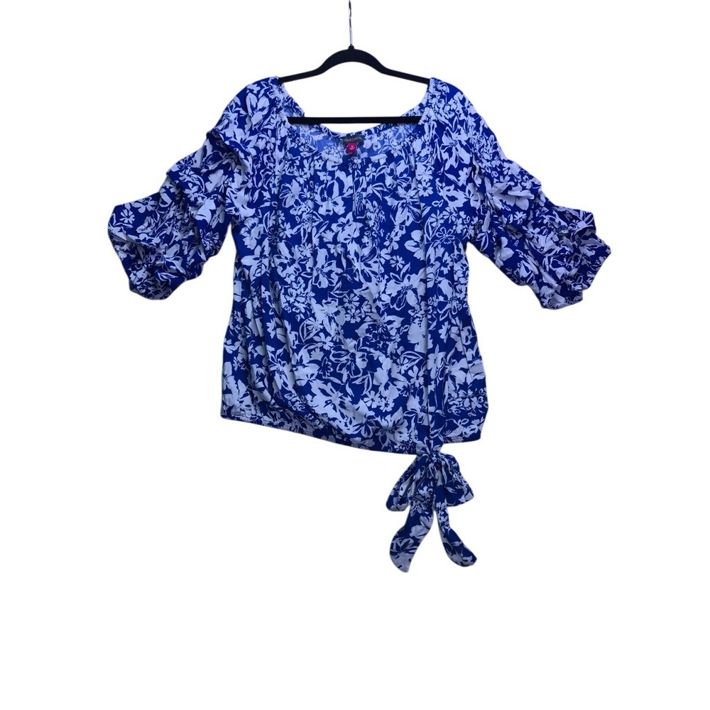 Vince Camuto Blouse Womens XL Blue Floral Tiered Sleeve Tie Hem Summer